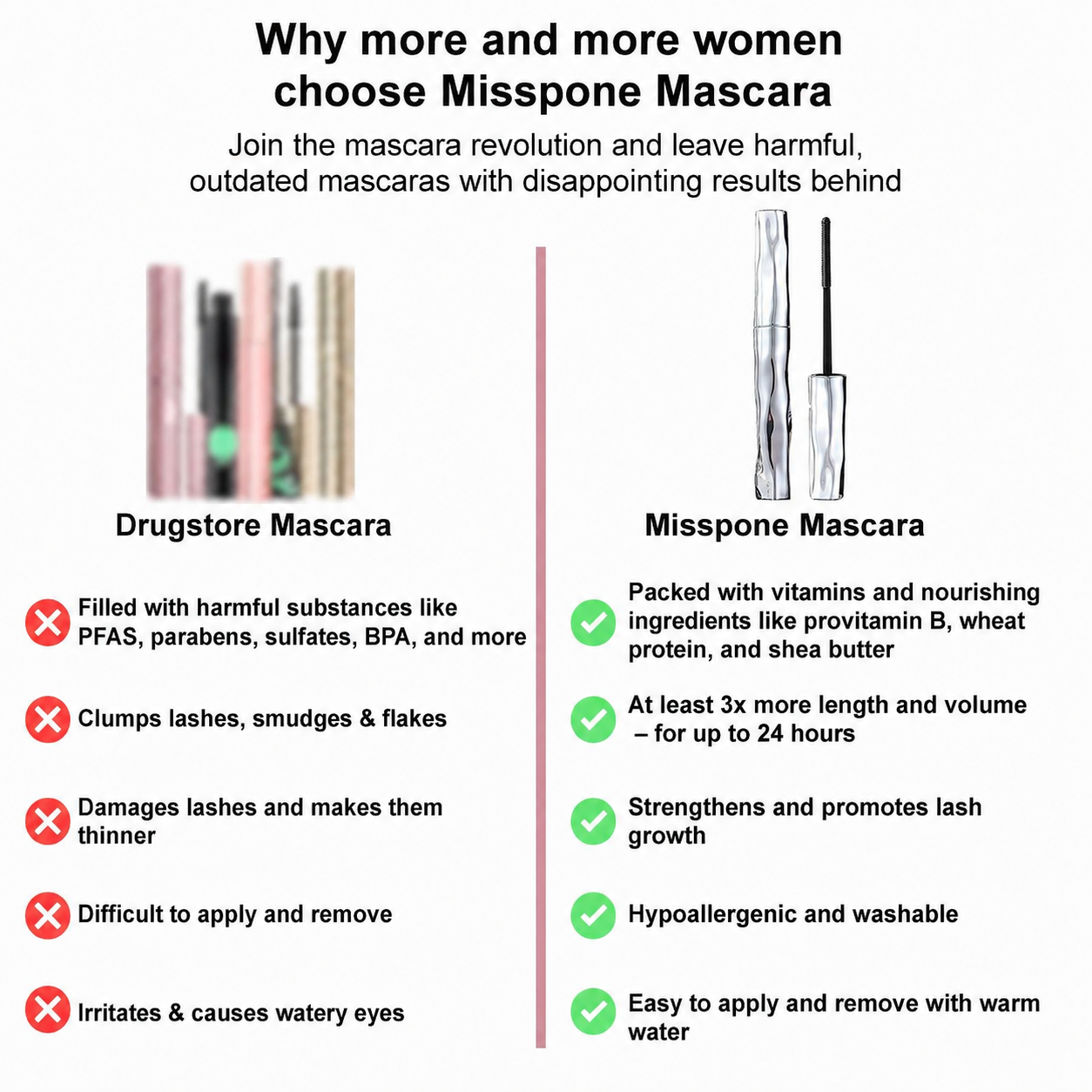 Misspone ® Waterproof Fibre Mascara💧  – Volume & Length without Clumping for Dramatic Moments