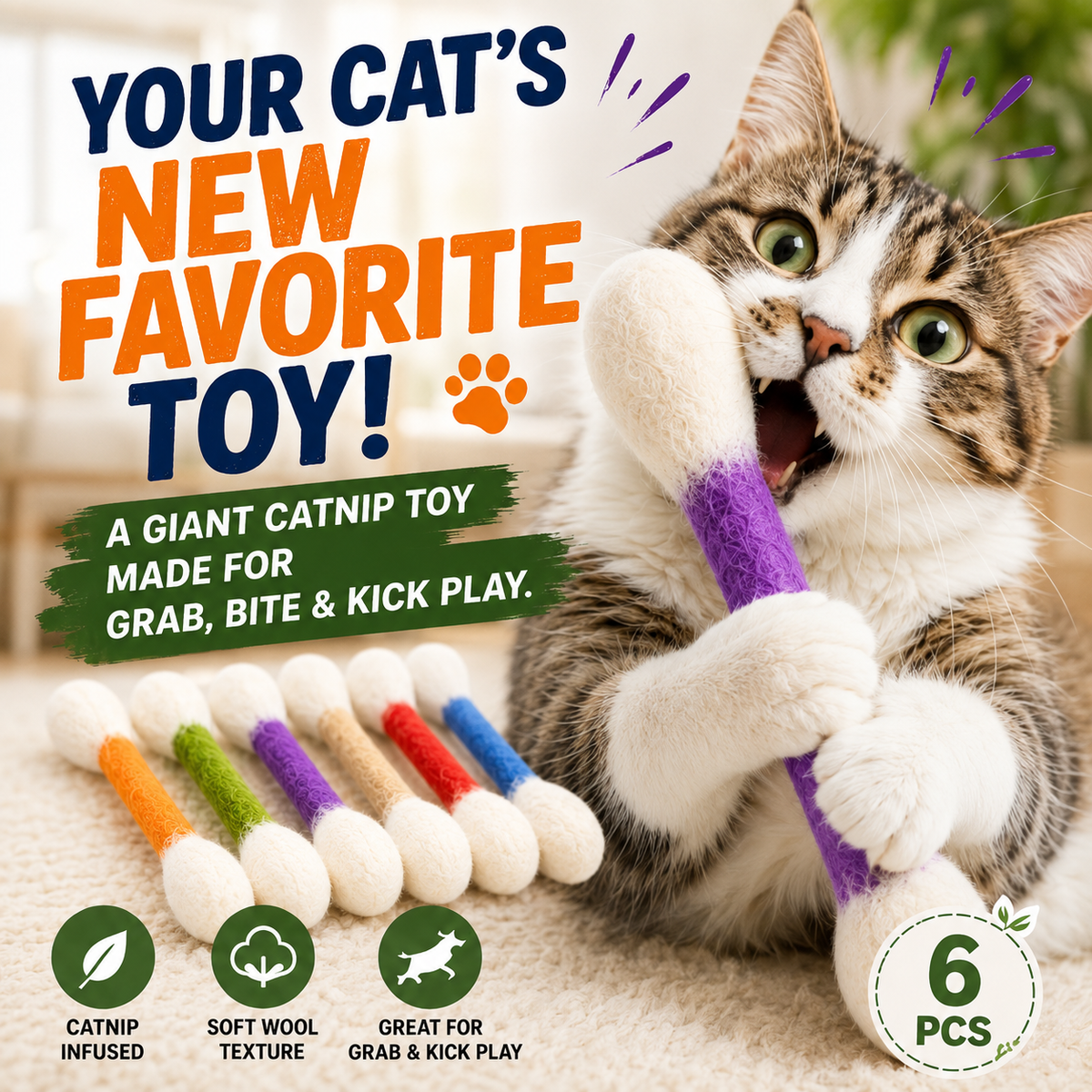 🐱🍃 Giant Q-Tip Catnip Kicker Toy