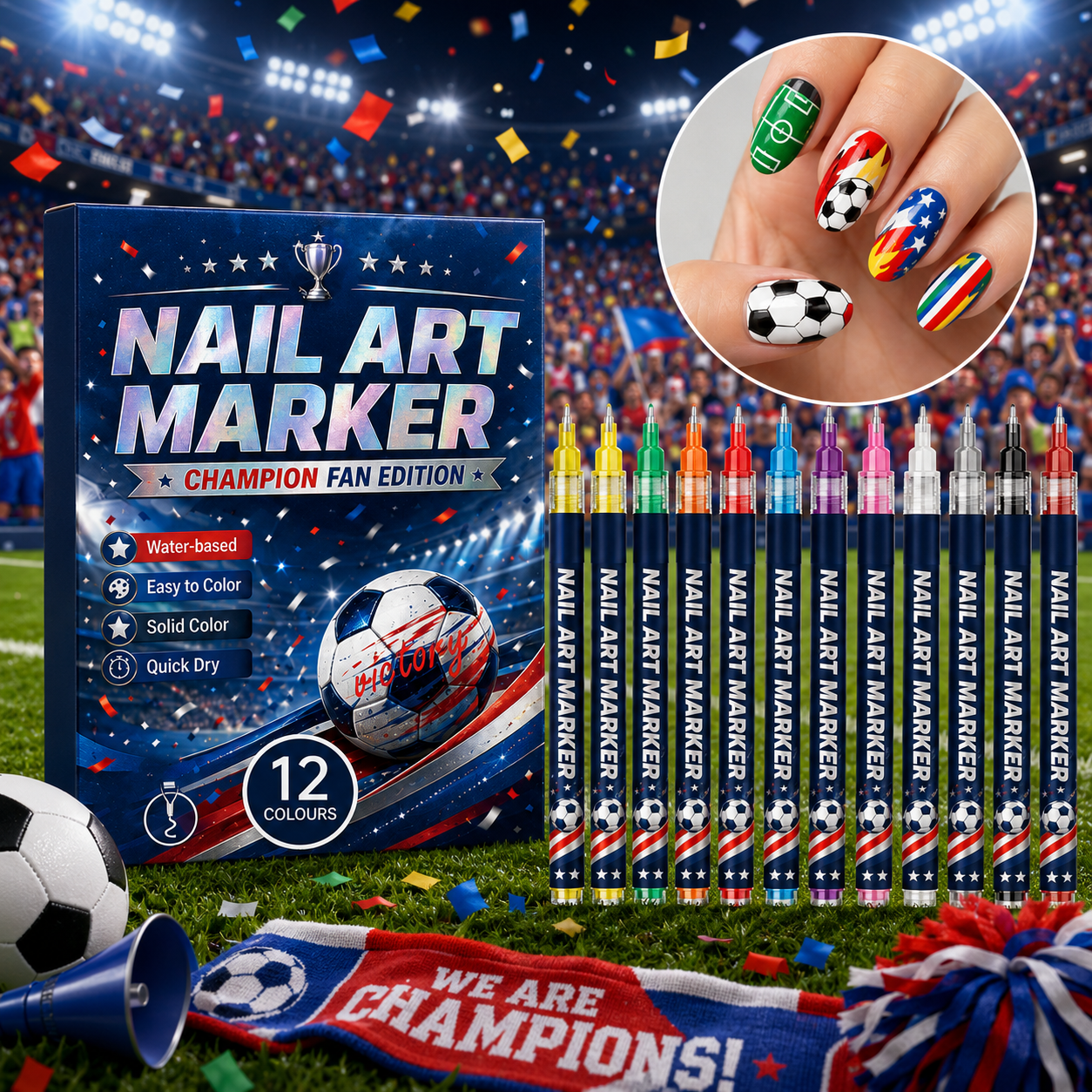 🔥 Cheer Loud • Shine Bright ⚽ 12-Color Football Nail Art Pens 🎨 Fast-Dry DIY Match Day Nails 🏆 Fan Party Essential