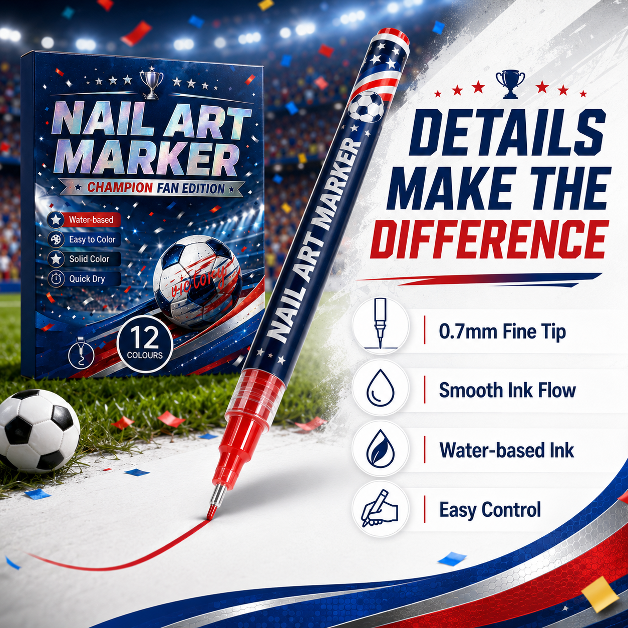 🔥 Cheer Loud • Shine Bright ⚽ 12-Color Football Nail Art Pens 🎨 Fast-Dry DIY Match Day Nails 🏆 Fan Party Essential
